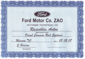 Сертификат по курсу Diesel Common Rail Systems
